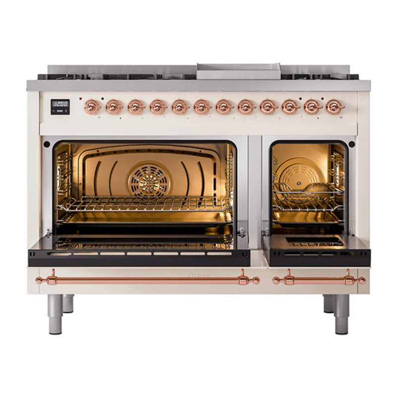 ILVE Nostalgie II Noblesse 48" Dual Fuel Freestanding Range in Antique White with Copper Trim, UN48FNMPAWP