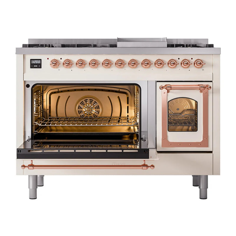ILVE Nostalgie II Noblesse 48" Dual Fuel Freestanding Range in Antique White with Copper Trim, UN48FNMPAWP