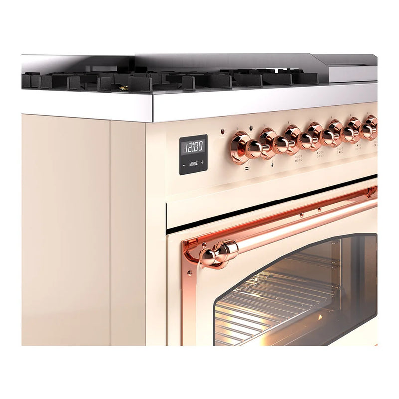 ILVE Nostalgie II Noblesse 48" Dual Fuel Freestanding Range in Antique White with Copper Trim, UN48FNMPAWP