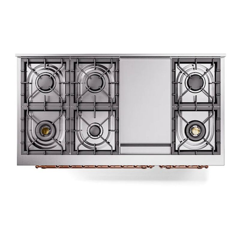 ILVE Nostalgie II Noblesse 48" Dual Fuel Freestanding Range in Antique White with Copper Trim, UN48FNMPAWP