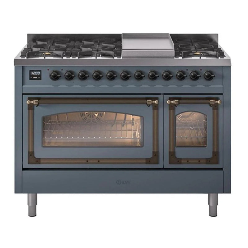 ILVE Nostalgie II Noblesse 48" Dual Fuel Freestanding Range in Blue Grey with Burnished Trim, UN48FNMPBGBLP