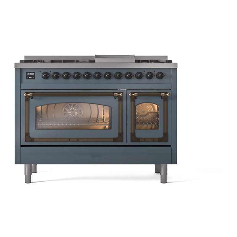 ILVE Nostalgie II Noblesse 48" Dual Fuel Freestanding Range in Blue Grey with Burnished Trim, UN48FNMPBGB