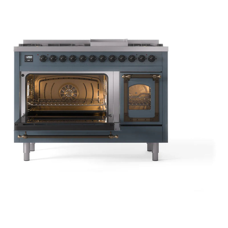 ILVE Nostalgie II Noblesse 48" Dual Fuel Freestanding Range in Blue Grey with Burnished Trim, UN48FNMPBGB