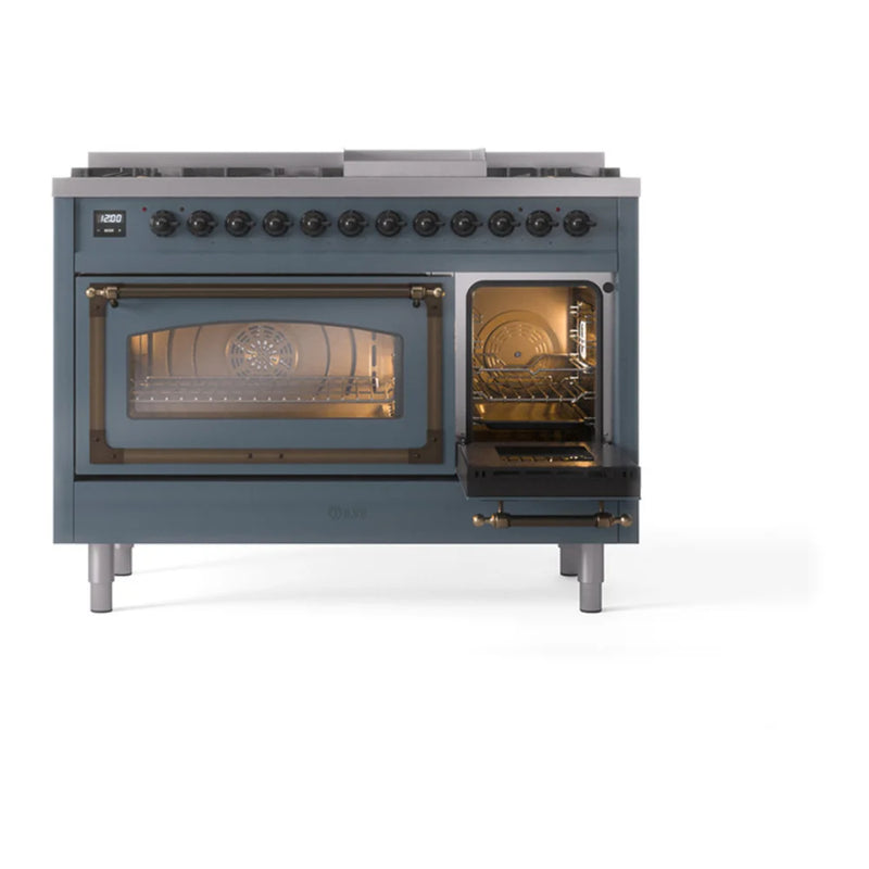 ILVE Nostalgie II Noblesse 48" Dual Fuel Freestanding Range in Blue Grey with Burnished Trim, UN48FNMPBGB