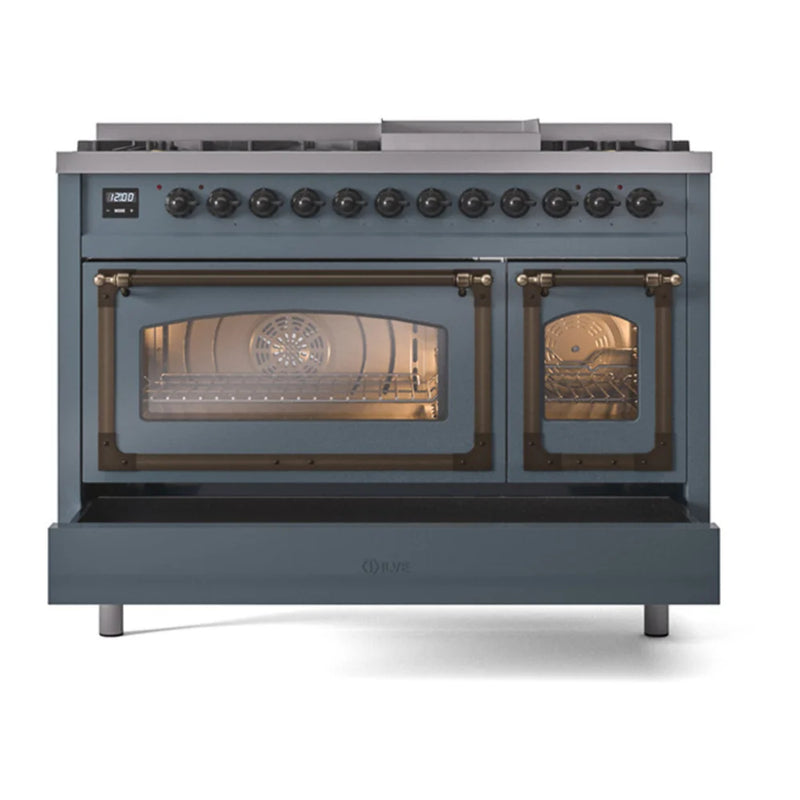 ILVE Nostalgie II Noblesse 48" Dual Fuel Freestanding Range in Blue Grey with Burnished Trim, UN48FNMPBGB
