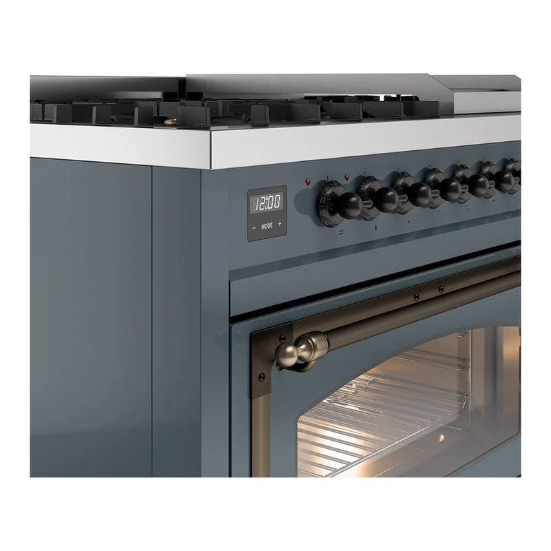 ILVE Nostalgie II Noblesse 48" Dual Fuel Freestanding Range in Blue Grey with Burnished Trim, UN48FNMPBGB