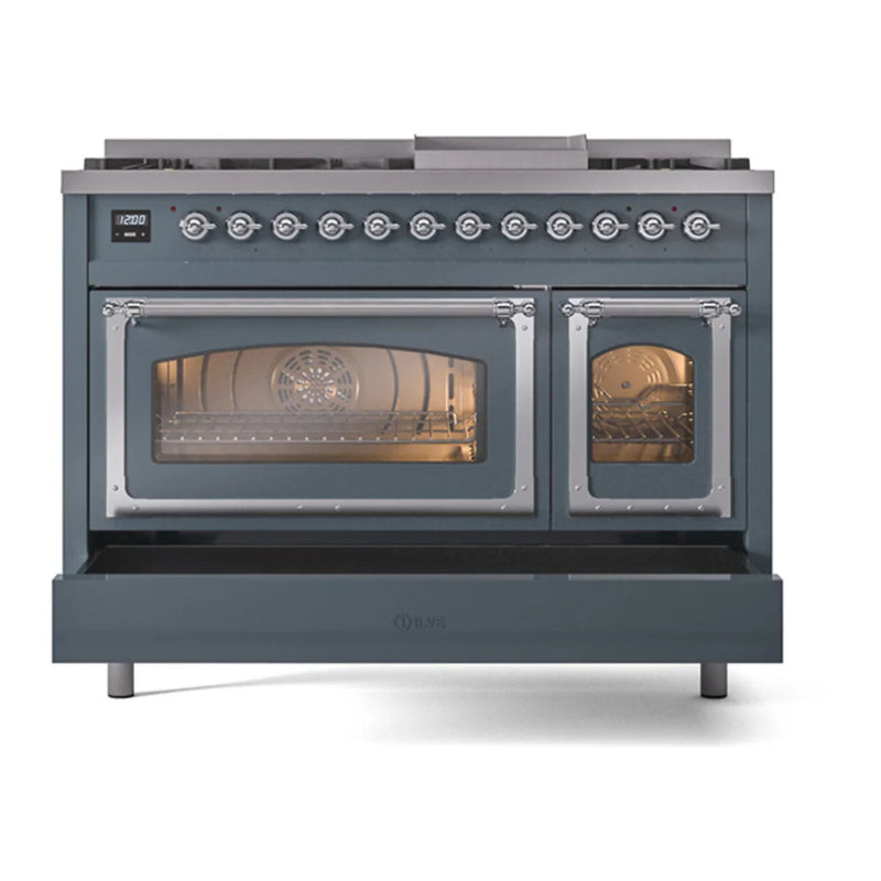 ILVE Nostalgie II Noblesse 48" Dual Fuel Freestanding Range in Blue Grey with Chrome Trim, UN48FNMPBGCLP