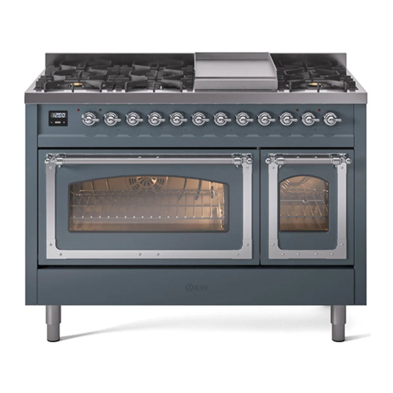 ILVE Nostalgie II Noblesse 48" Dual Fuel Freestanding Range in Blue Grey with Chrome Trim, UN48FNMPBGC