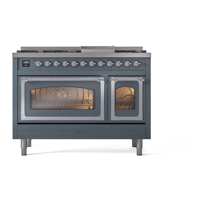 ILVE Nostalgie II Noblesse 48" Dual Fuel Freestanding Range in Blue Grey with Chrome Trim, UN48FNMPBGC