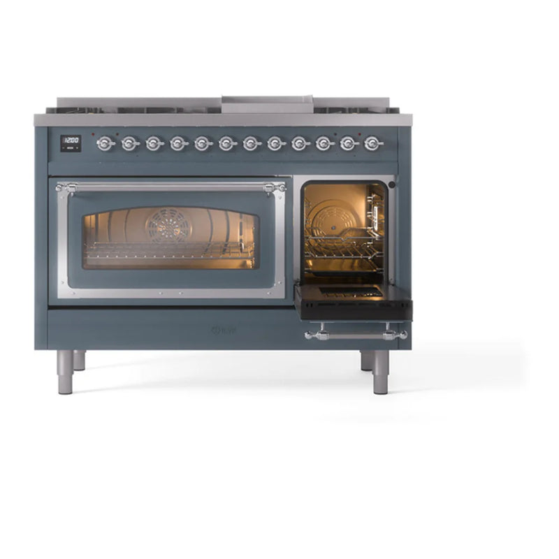 ILVE Nostalgie II Noblesse 48" Dual Fuel Freestanding Range in Blue Grey with Chrome Trim, UN48FNMPBGC
