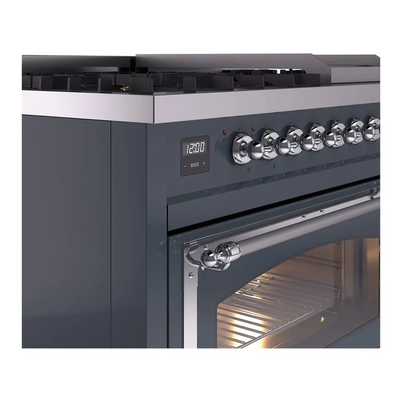 ILVE Nostalgie II Noblesse 48" Dual Fuel Freestanding Range in Blue Grey with Chrome Trim, UN48FNMPBGC