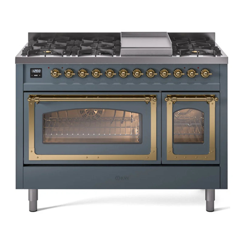 ILVE Nostalgie II Noblesse 48" Dual Fuel Freestanding Range in Blue Grey with Brass Trim, UN48FNMPBGGLP
