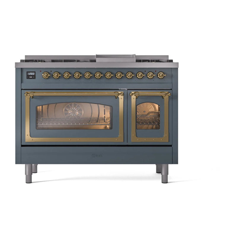 ILVE Nostalgie II Noblesse 48" Dual Fuel Freestanding Range in Blue Grey with Brass Trim, UN48FNMPBGG