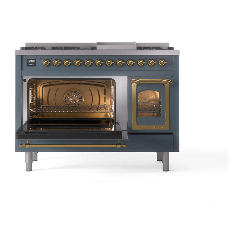 ILVE Nostalgie II Noblesse 48" Dual Fuel Freestanding Range in Blue Grey with Brass Trim, UN48FNMPBGG