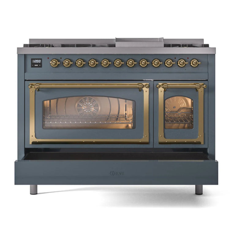 ILVE Nostalgie II Noblesse 48" Dual Fuel Freestanding Range in Blue Grey with Brass Trim, UN48FNMPBGG