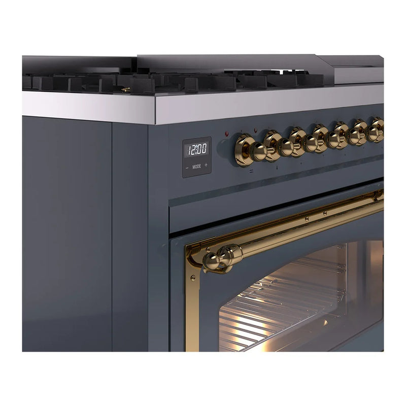 ILVE Nostalgie II Noblesse 48" Dual Fuel Freestanding Range in Blue Grey with Brass Trim, UN48FNMPBGG