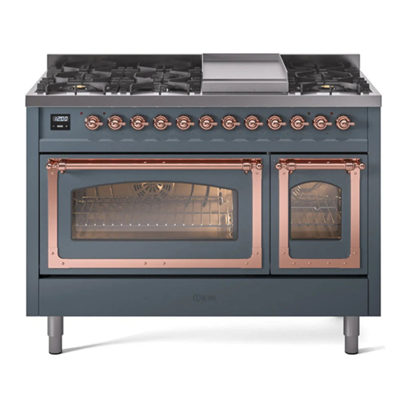 ILVE Nostalgie II Noblesse 48" Dual Fuel Freestanding Range in Blue Grey with Copper Trim, UN48FNMPBGPLP