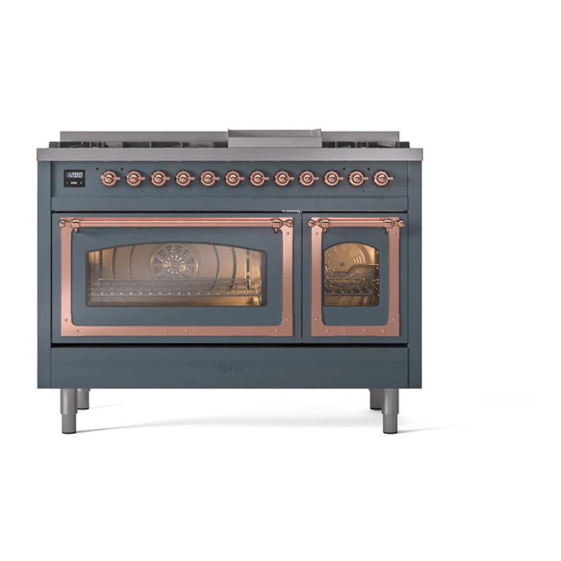 ILVE Nostalgie II Noblesse 48" Dual Fuel Freestanding Range in Blue Grey with Copper Trim, UN48FNMPBGPLP