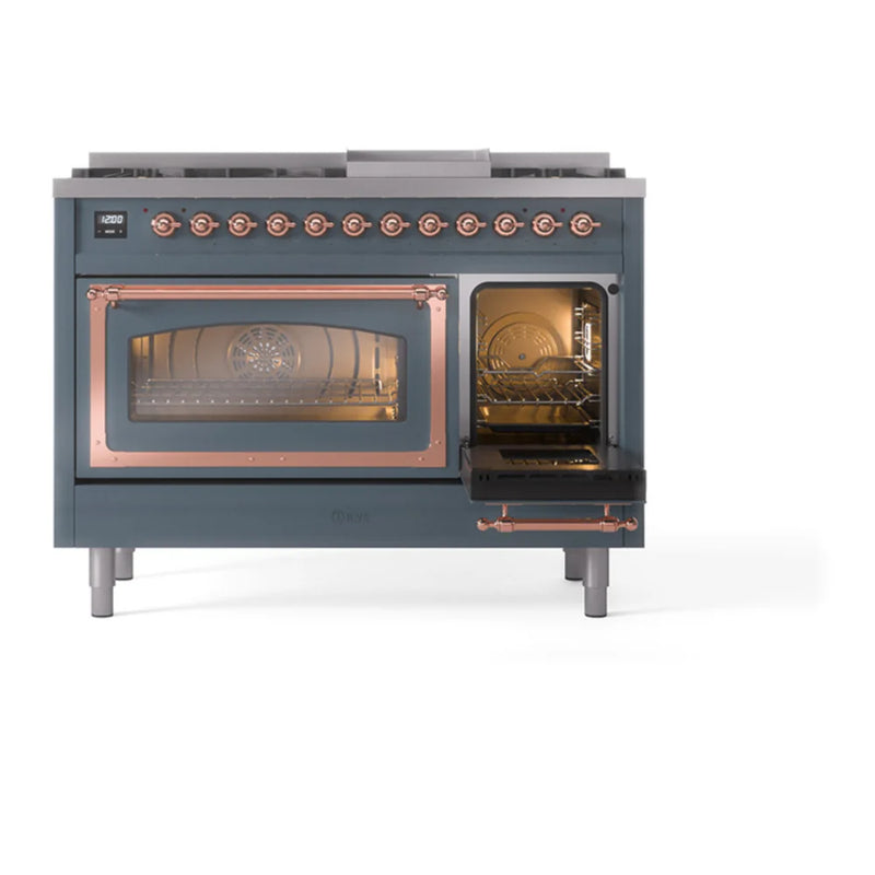ILVE Nostalgie II Noblesse 48" Dual Fuel Freestanding Range in Blue Grey with Copper Trim, UN48FNMPBGPLP