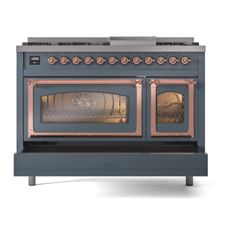 ILVE Nostalgie II Noblesse 48" Dual Fuel Freestanding Range in Blue Grey with Copper Trim, UN48FNMPBGPLP