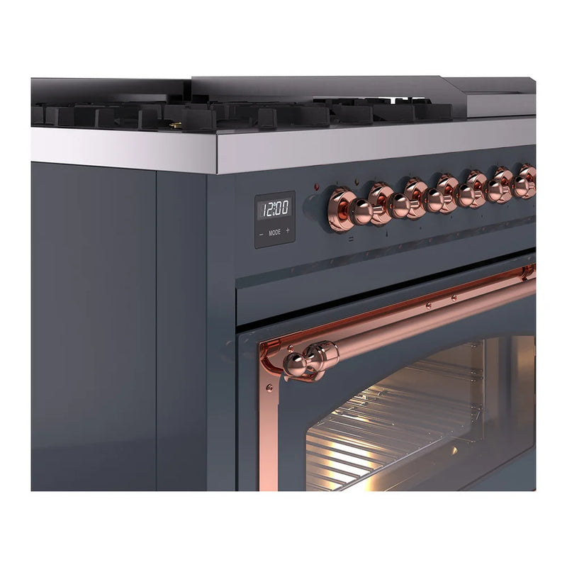 ILVE Nostalgie II Noblesse 48" Dual Fuel Freestanding Range in Blue Grey with Copper Trim, UN48FNMPBGP