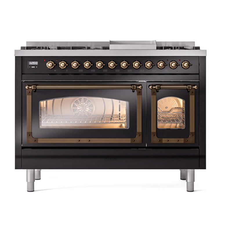 ILVE Nostalgie II Noblesse 48" Dual Fuel Freestanding Range in Glossy Black with Burnished Trim, UN48FNMPBKBLP