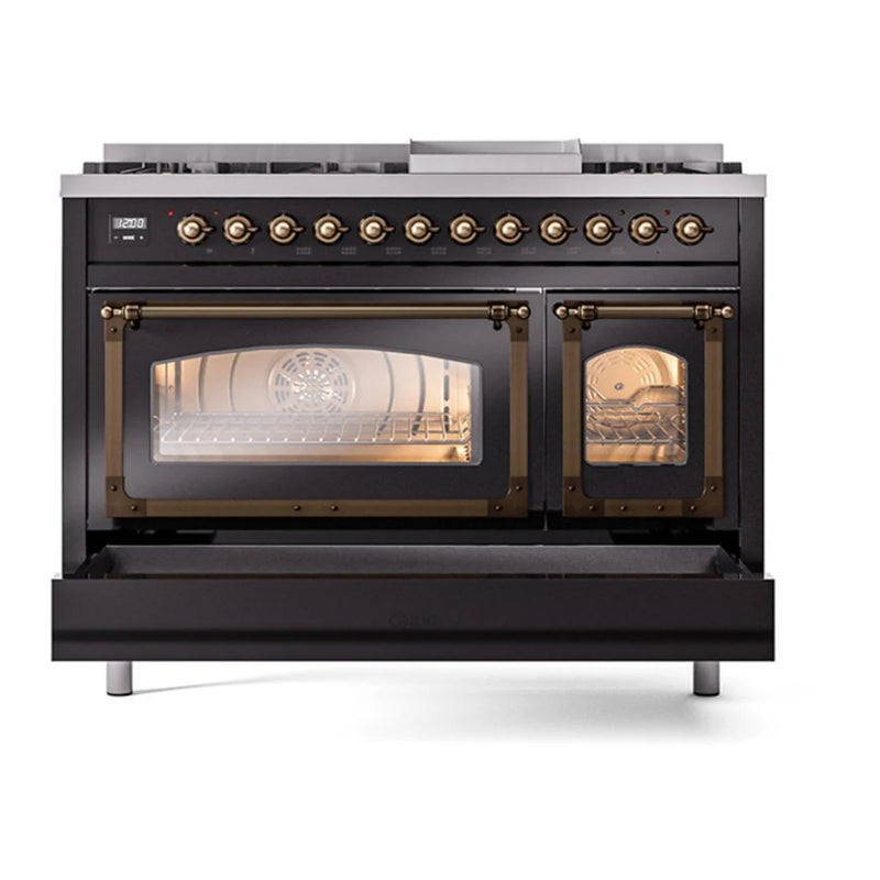 ILVE Nostalgie II Noblesse 48" Dual Fuel Freestanding Range in Glossy Black with Burnished Trim, UN48FNMPBKBLP