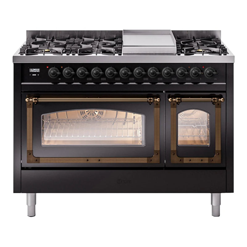 ILVE Nostalgie II Noblesse 48" Dual Fuel Freestanding Range in Glossy Black with Burnished Trim, UN48FNMPBKB