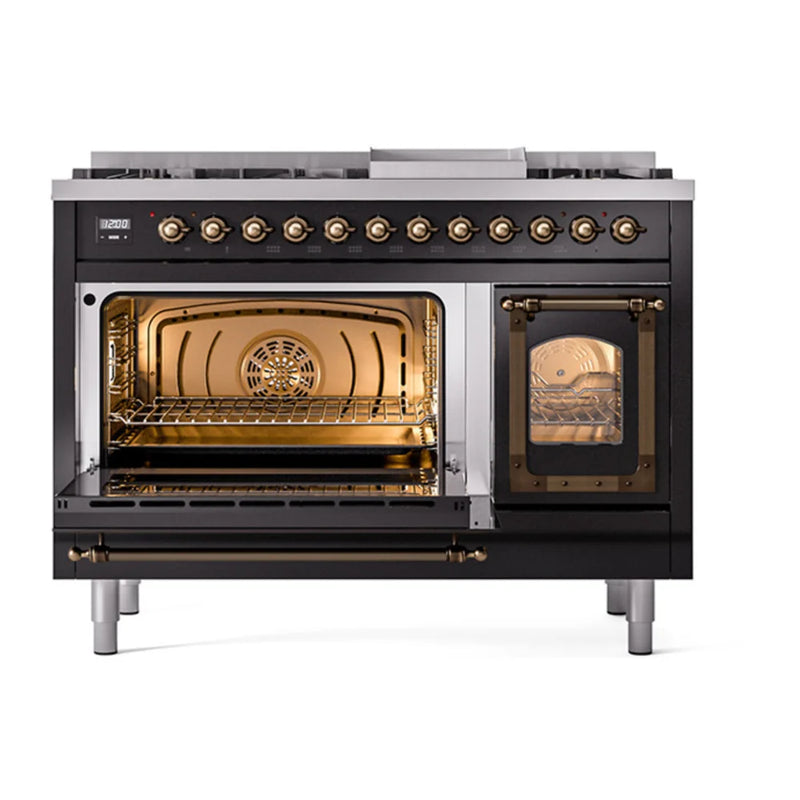 ILVE Nostalgie II Noblesse 48" Dual Fuel Freestanding Range in Glossy Black with Burnished Trim, UN48FNMPBKB