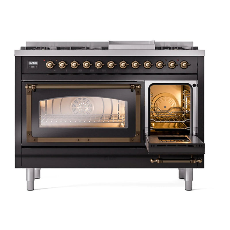 ILVE Nostalgie II Noblesse 48" Dual Fuel Freestanding Range in Glossy Black with Burnished Trim, UN48FNMPBKB