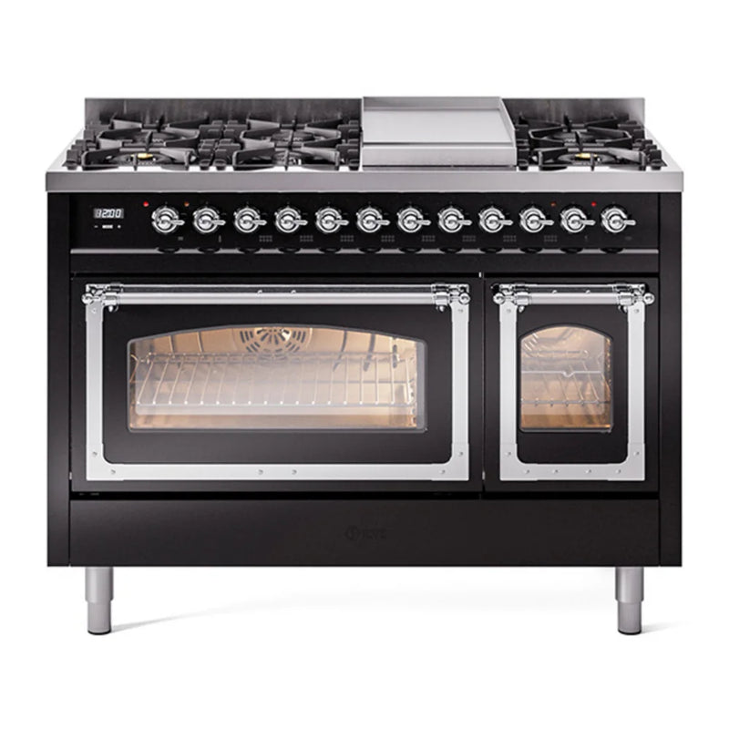 ILVE Nostalgie II Noblesse 48" Dual Fuel Freestanding Range in Glossy Black with Chrome Trim, UN48FNMPBKC