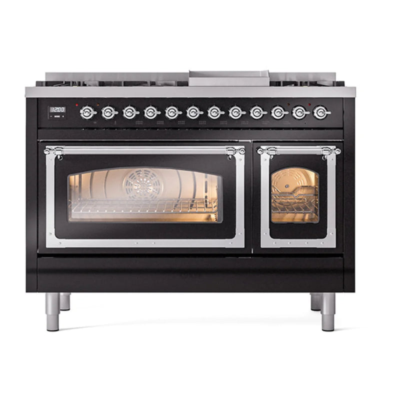 ILVE Nostalgie II Noblesse 48" Dual Fuel Freestanding Range in Glossy Black with Chrome Trim, UN48FNMPBKC