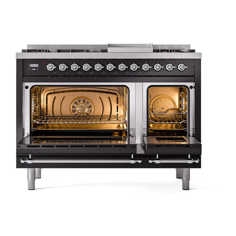 ILVE Nostalgie II Noblesse 48" Dual Fuel Freestanding Range in Glossy Black with Chrome Trim, UN48FNMPBKC