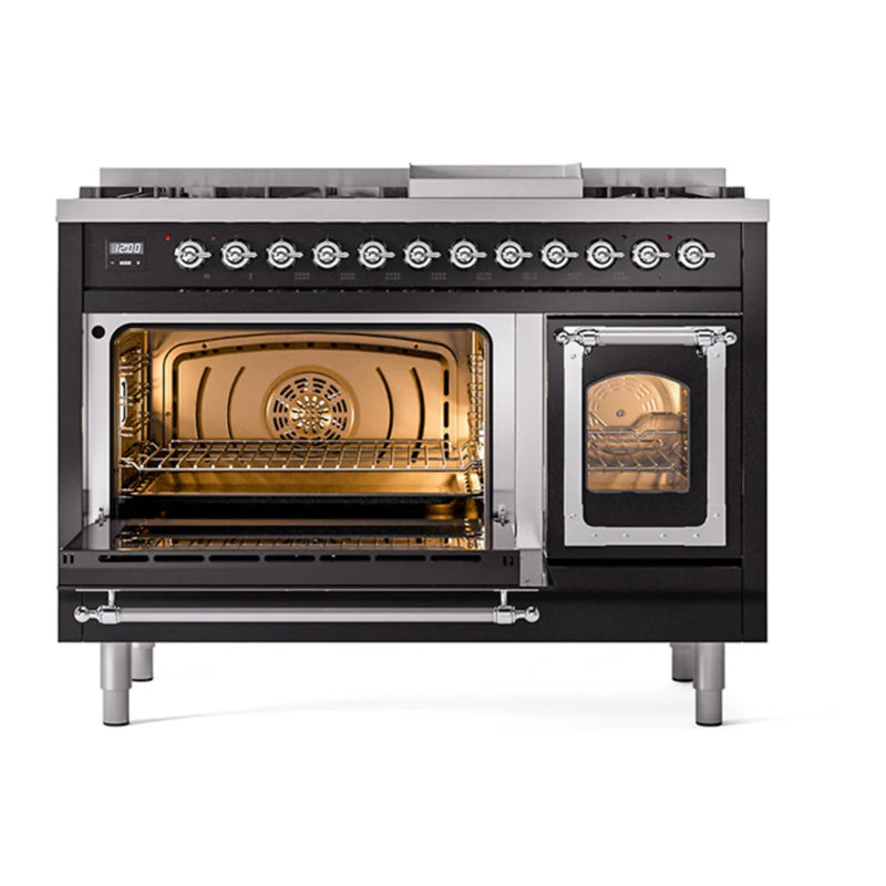 ILVE Nostalgie II Noblesse 48" Dual Fuel Freestanding Range in Glossy Black with Chrome Trim, UN48FNMPBKC