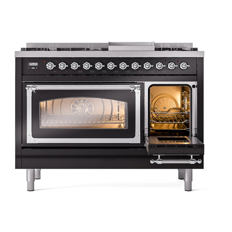 ILVE Nostalgie II Noblesse 48" Dual Fuel Freestanding Range in Glossy Black with Chrome Trim, UN48FNMPBKC