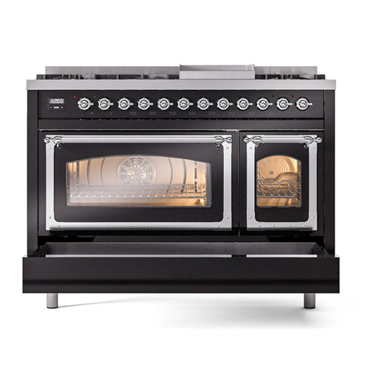 ILVE Nostalgie II Noblesse 48" Dual Fuel Freestanding Range in Glossy Black with Chrome Trim, UN48FNMPBKC