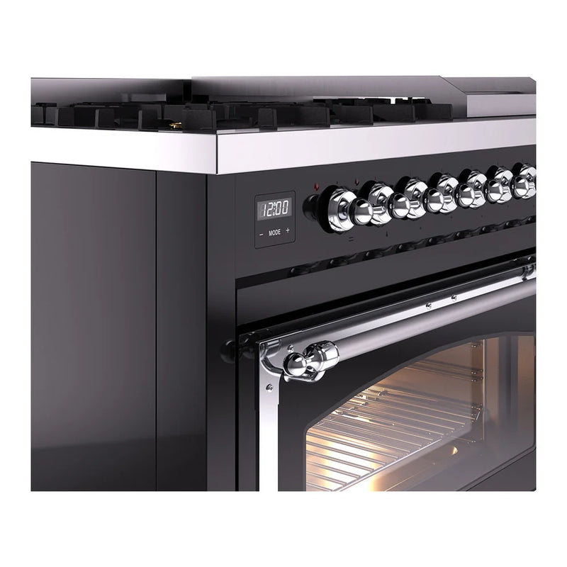 ILVE Nostalgie II Noblesse 48" Dual Fuel Freestanding Range in Glossy Black with Chrome Trim, UN48FNMPBKC