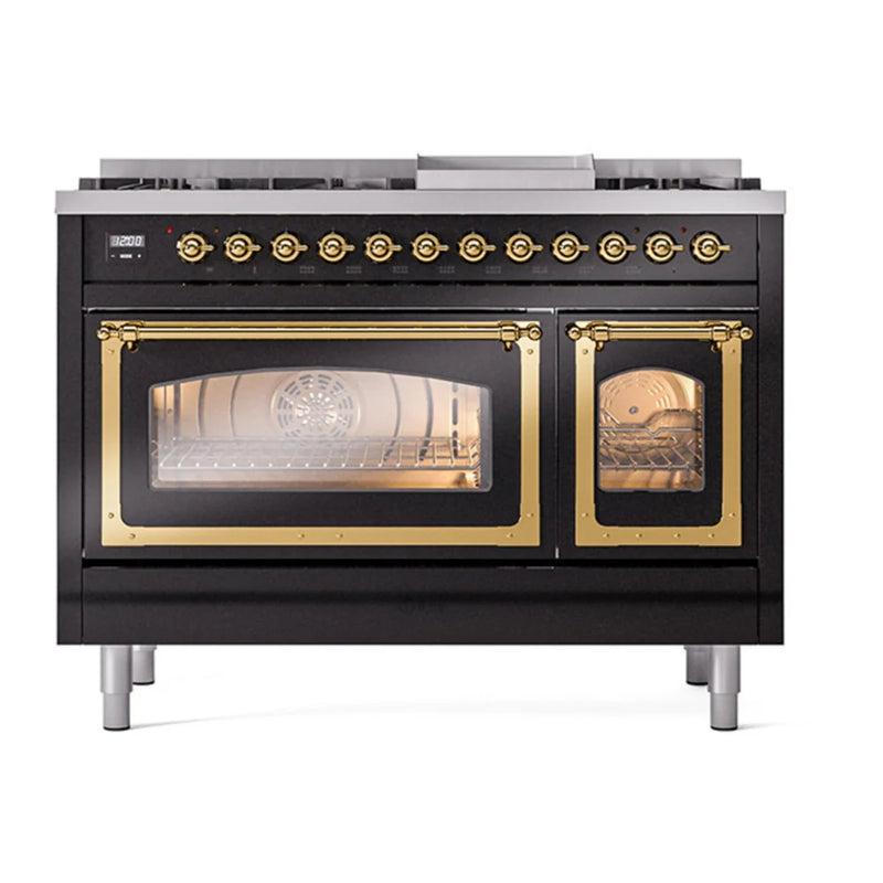 ILVE Nostalgie II Noblesse 48" Dual Fuel Freestanding Range in Glossy Black with Brass Trim, UN48FNMPBKGLP