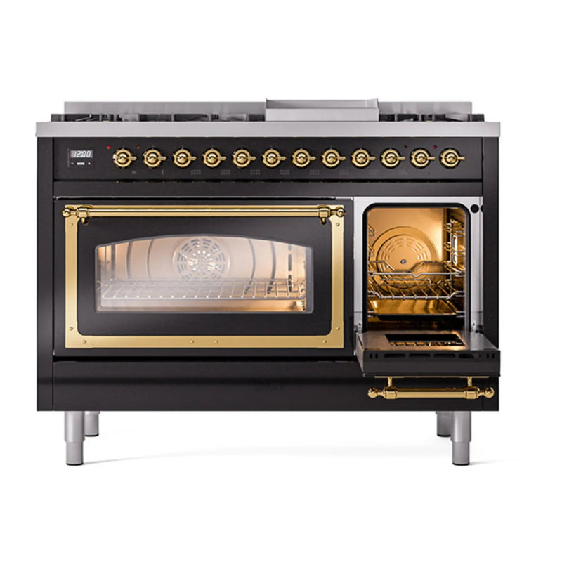 ILVE Nostalgie II Noblesse 48" Dual Fuel Freestanding Range in Glossy Black with Brass Trim, UN48FNMPBKGLP