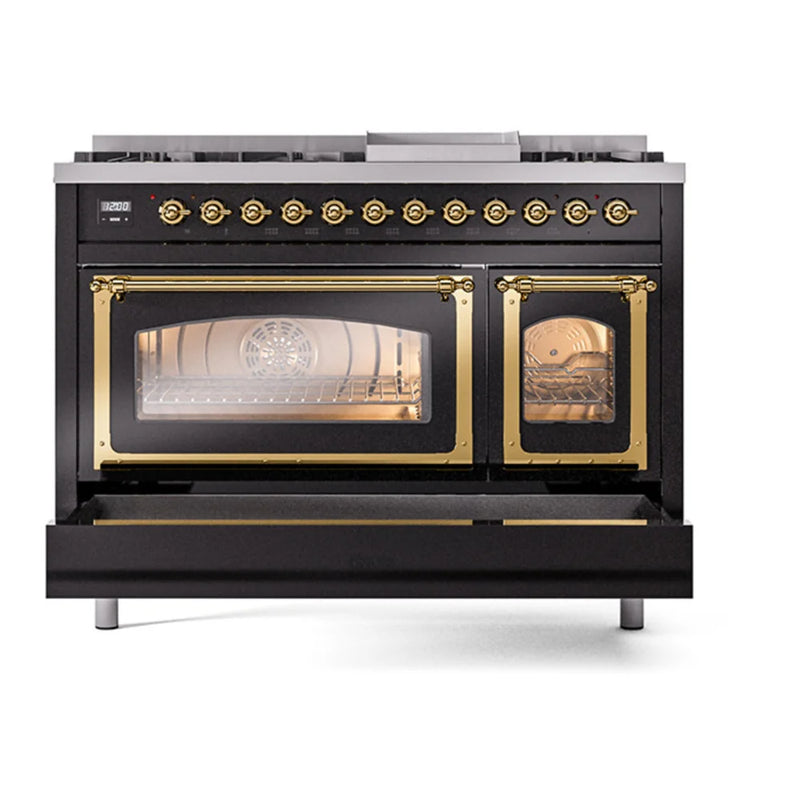 ILVE Nostalgie II Noblesse 48" Dual Fuel Freestanding Range in Glossy Black with Brass Trim, UN48FNMPBKGLP