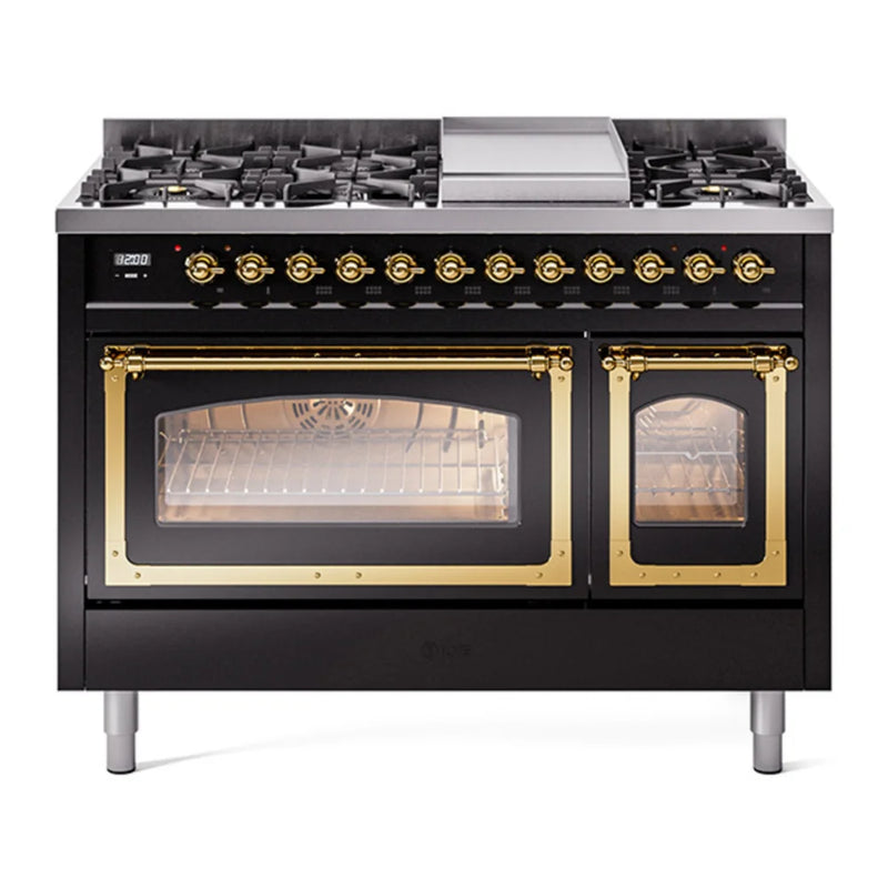 ILVE Nostalgie II Noblesse 48" Dual Fuel Freestanding Range in Glossy Black with Brass Trim, UN48FNMPBKG