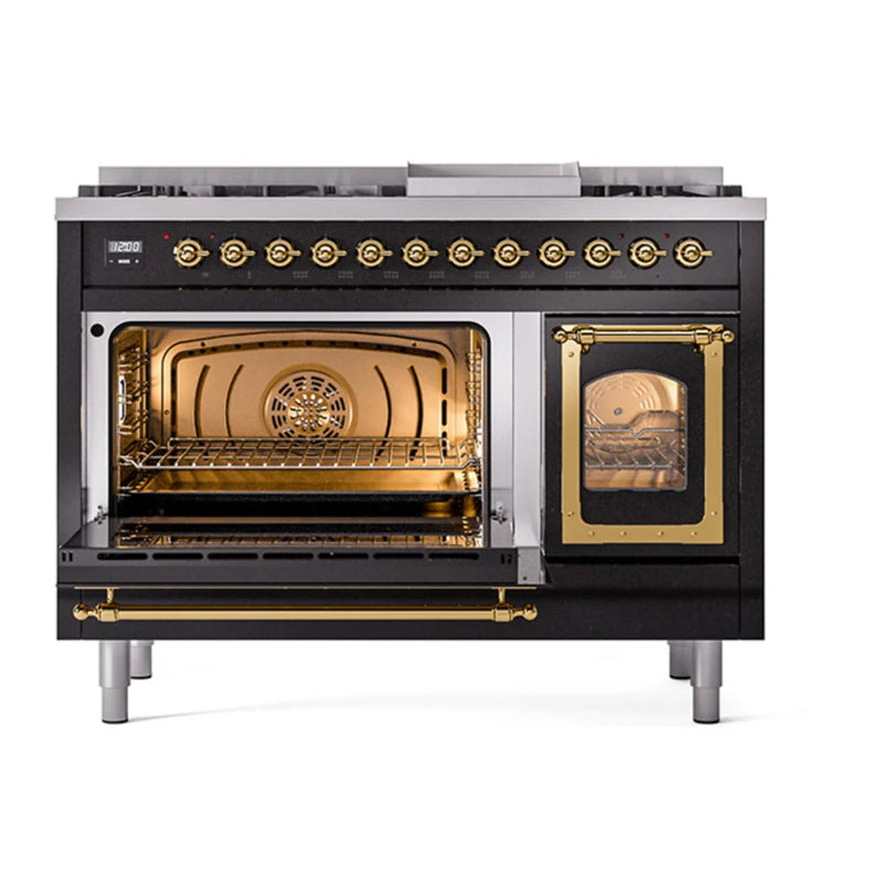 ILVE Nostalgie II Noblesse 48" Dual Fuel Freestanding Range in Glossy Black with Brass Trim, UN48FNMPBKG