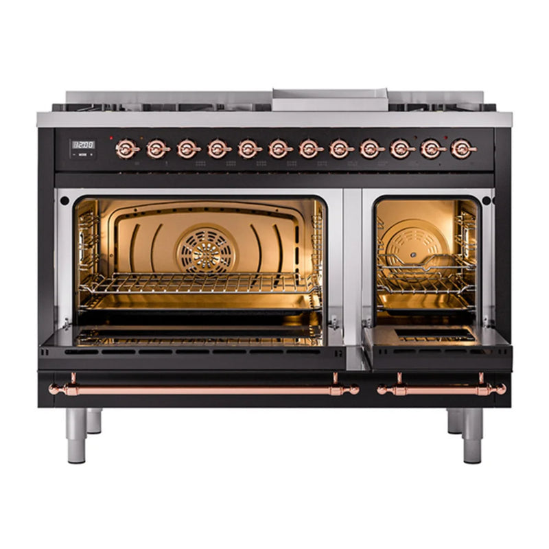 ILVE Nostalgie II Noblesse 48" Dual Fuel Freestanding Range in Glossy Black with Copper Trim, UN48FNMPBKPLP