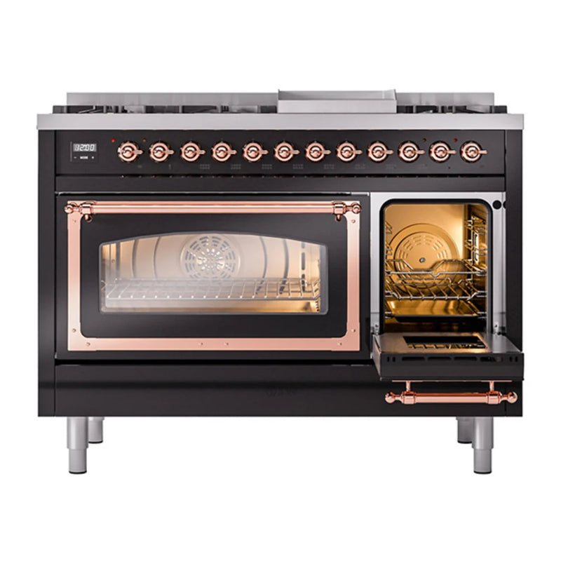 ILVE Nostalgie II Noblesse 48" Dual Fuel Freestanding Range in Glossy Black with Copper Trim, UN48FNMPBKPLP