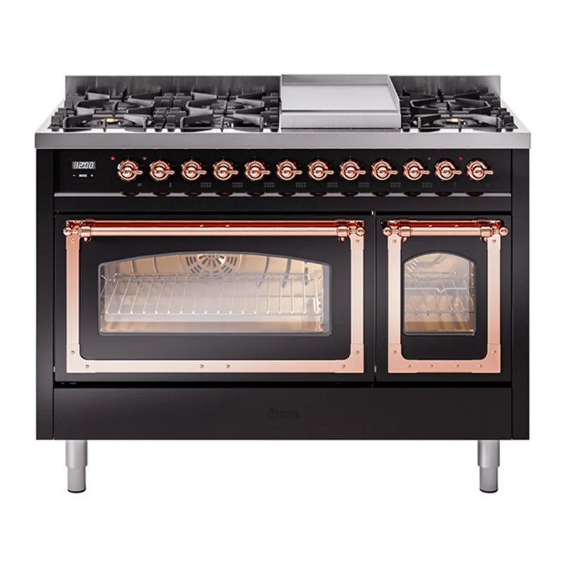 ILVE Nostalgie II Noblesse 48" Dual Fuel Freestanding Range in Glossy Black with Copper Trim, UN48FNMPBKP