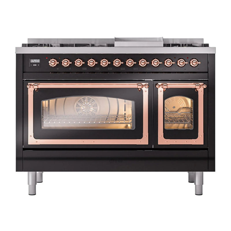 ILVE Nostalgie II Noblesse 48" Dual Fuel Freestanding Range in Glossy Black with Copper Trim, UN48FNMPBKP