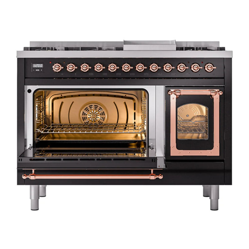 ILVE Nostalgie II Noblesse 48" Dual Fuel Freestanding Range in Glossy Black with Copper Trim, UN48FNMPBKP