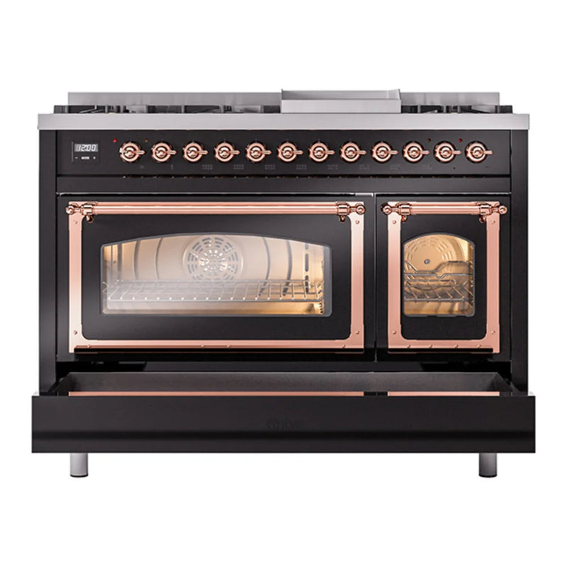 ILVE Nostalgie II Noblesse 48" Dual Fuel Freestanding Range in Glossy Black with Copper Trim, UN48FNMPBKP