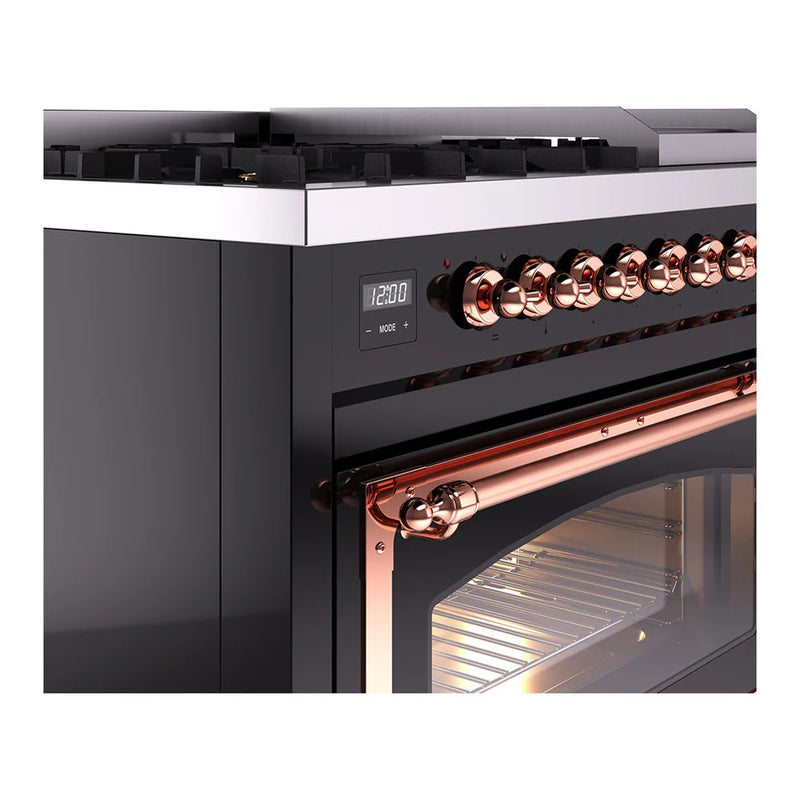 ILVE Nostalgie II Noblesse 48" Dual Fuel Freestanding Range in Glossy Black with Copper Trim, UN48FNMPBKP