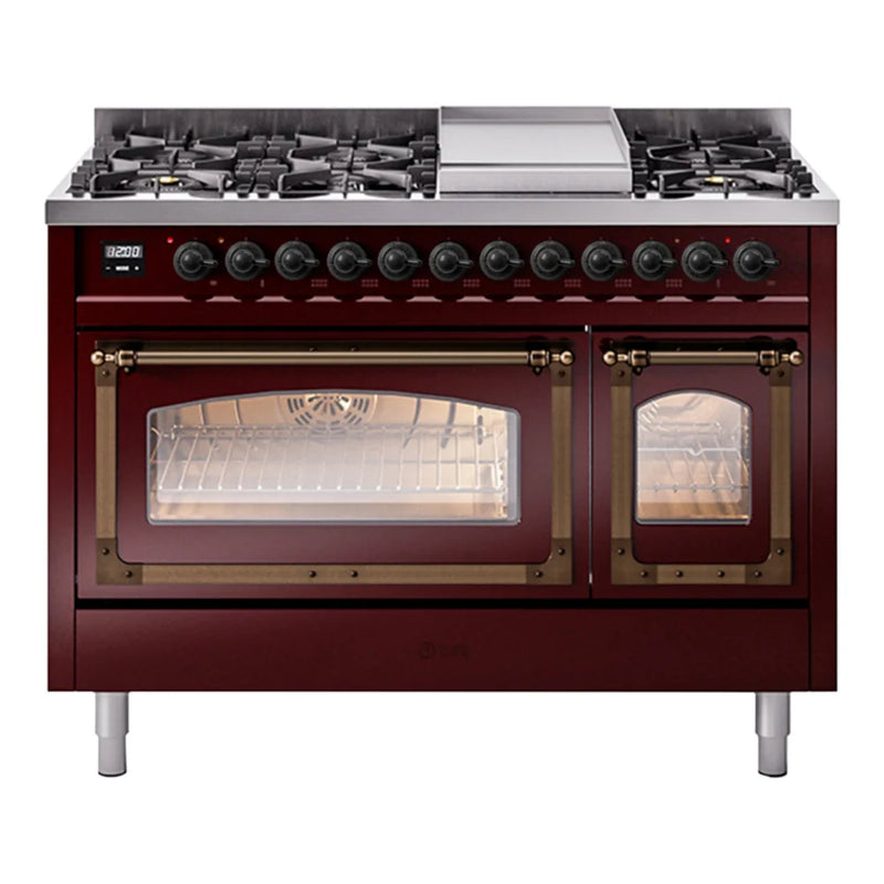 ILVE Nostalgie II Noblesse 48" Dual Fuel Freestanding Range in Burgundy with Burnished Trim, UN48FNMPBUBLP